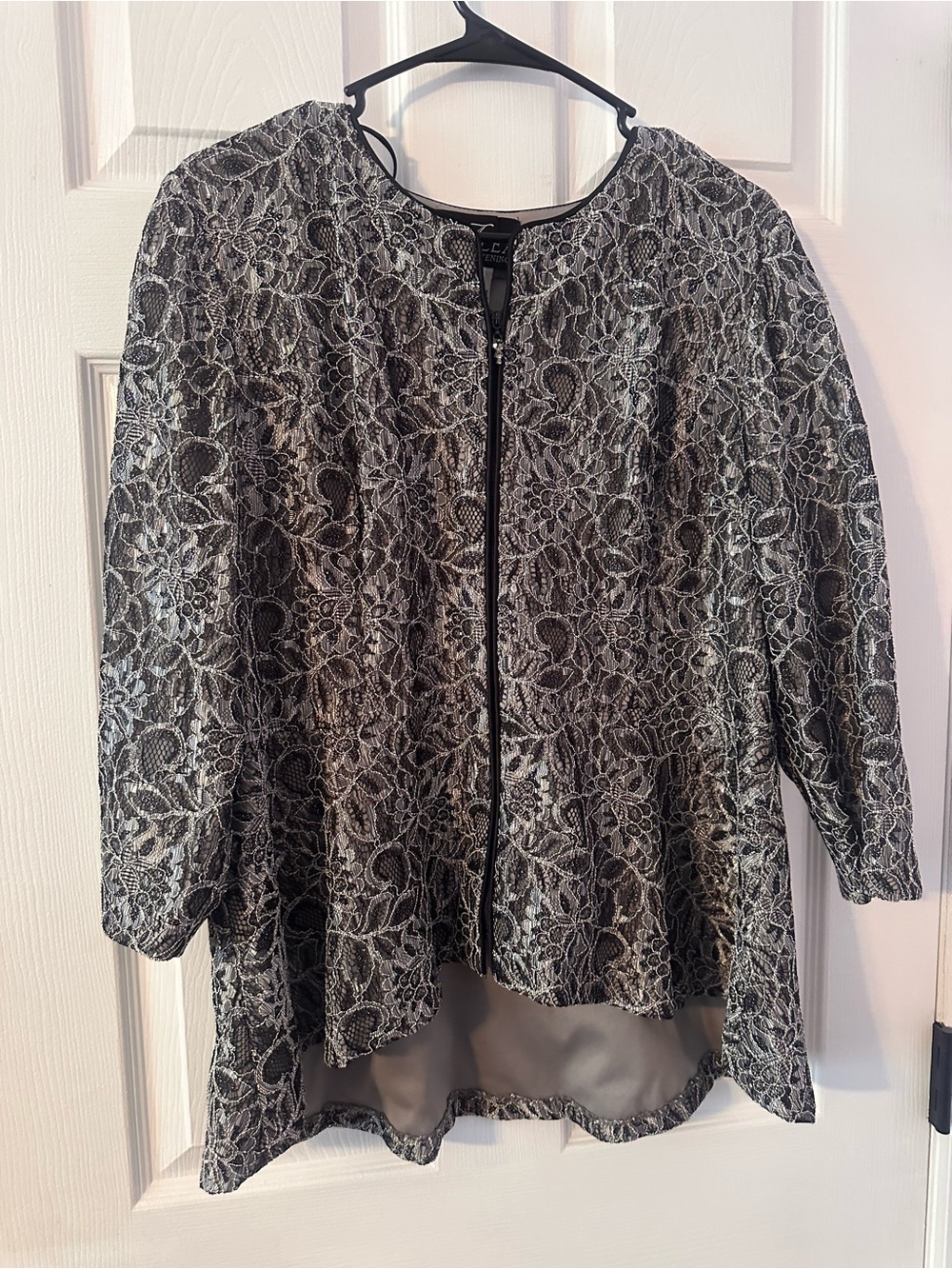 Alex Evenings Black and Silver Floral Lace Zip Jacket